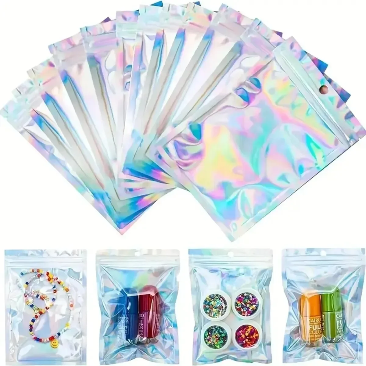 100PCS Holographic Bag Laser Rainbow Pattern Self Sealing Candy Bag and Front Window Sample aluminum foil plastic bag