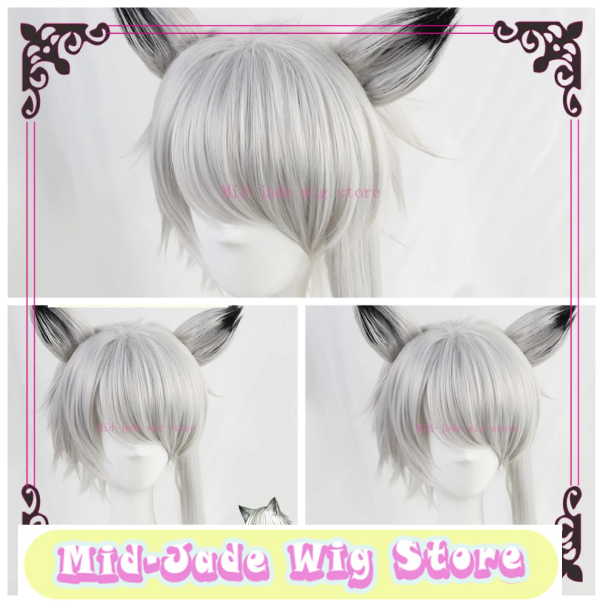 

Mid-jade Wig Store Arknights Cosplay Wig Short Hair Elongated Sideburnsanime Cosplay Synthetic Hair+ears Halloween Wig