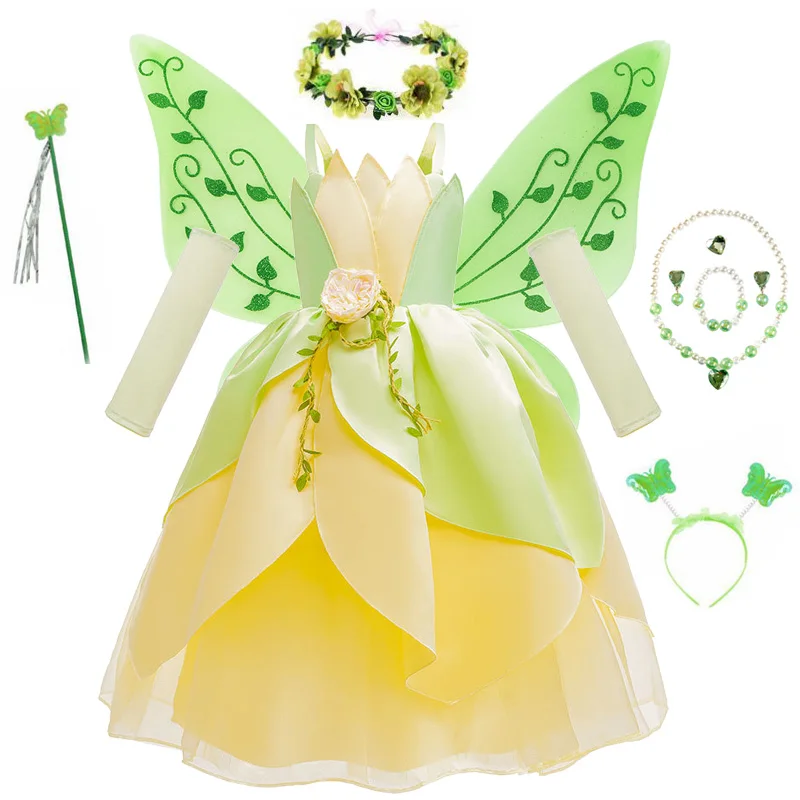 Tiana Cosplay Costume for Girls Fancy Princess Cosplay The Frog Dress Carnival Birthday Party Kids Frock Ball Gowns Clothes