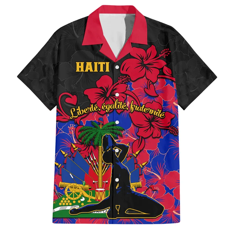 3D Printed Hawaiian Shirts For Men Haiti Independence Anniversary Ayiti Flag Coat Of Arms Shirts Casual Trendy Women Tops Clothe