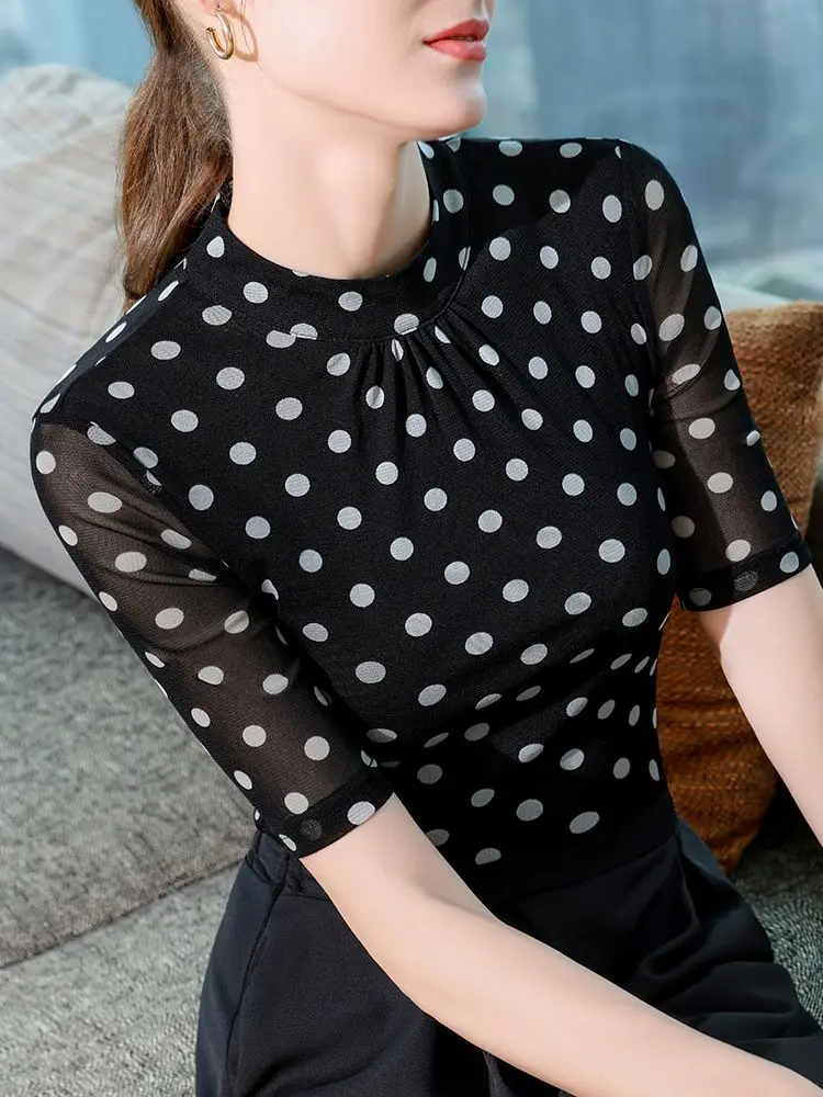 Latin Dance Practice T-shirt for Women 2024 New Autumn Stand-up Collar Half Sleeve Solid Color Polka Dot Top