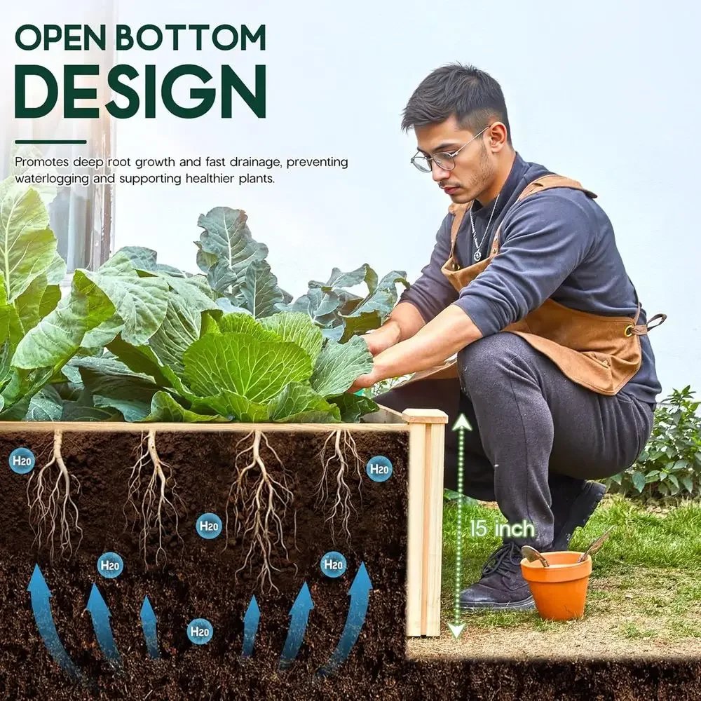 8x4 ft Durable 15 Deep Wood Planter Box for Vegetables, Herbs, and Flowers - Ideal for Outdoor Gardening with Open Base