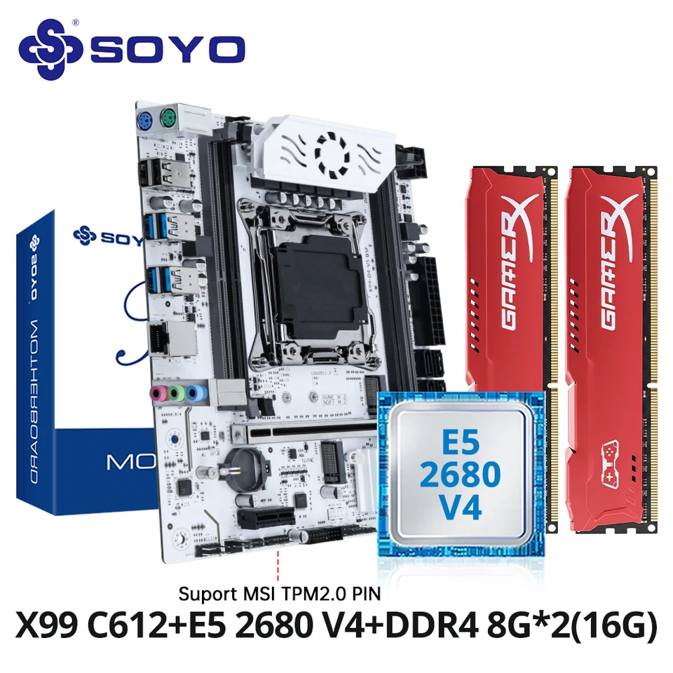 SOYO X99 게이밍 마더보드 세트 C612 칩셋 TPM2.0 핀 E5 2680 V4 CPU 및 DDR4 16G (2*8G) 2133MHz RAM PCIE3.0 데스크탑 PC용 썸네일 7