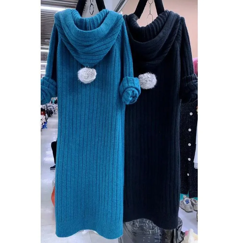 

Длинное вязаное платье с капюшоном, женские свободные модные толстовки больших размеров, трикотаж, осень-зима, новый свитер с капюшоном, пуловер, Vestidos, женские