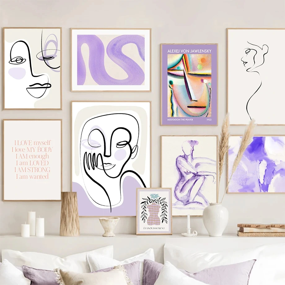 Wall Art Canvas Painting Purple Abstract Line Face Nordic Posters And Prints Home Deacoration Pictures For Living Room Salon Bar