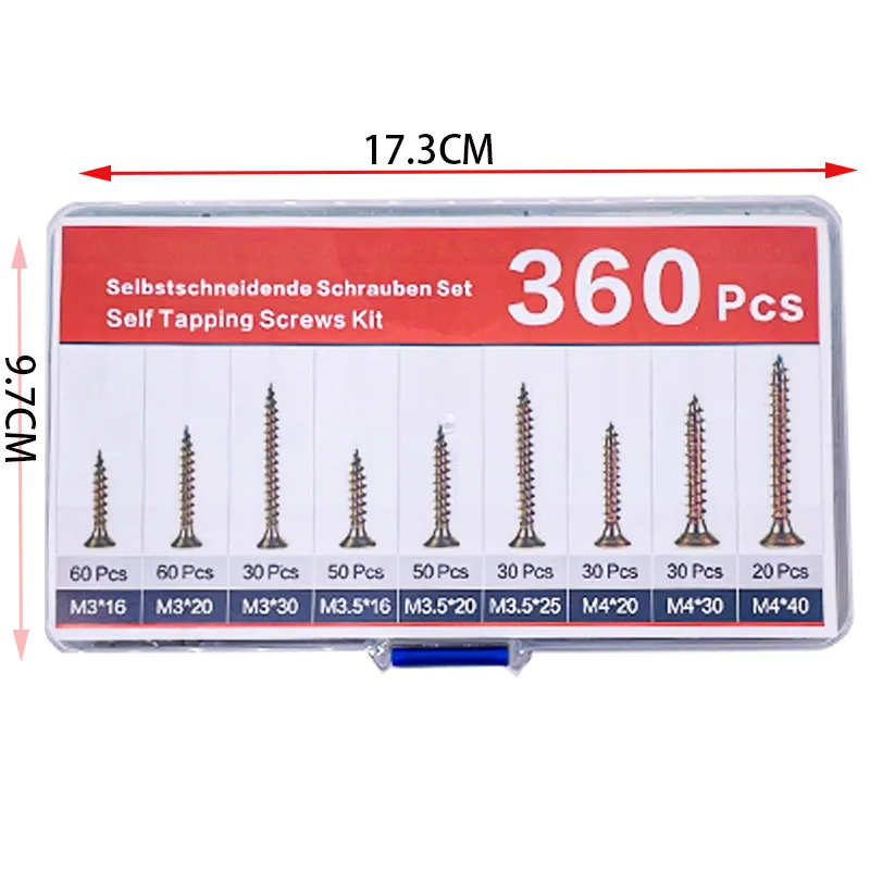 360PCS Self-Tapping Wood Screws Set - M3/M3.5/M4 Countersunk Head Screws for DIY Woodworking & Repair Projects