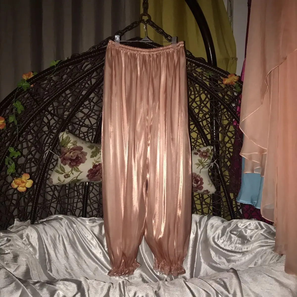 Glossy 2 layers mesh gauze outside ice silk inside pajamas pants Autumn winter plus size sleeping bottoms lantern trousers