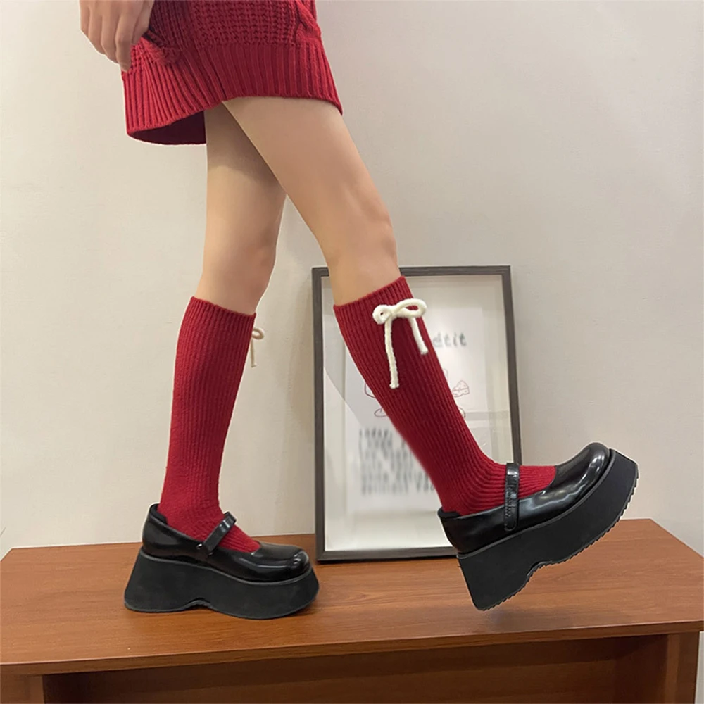 Women Winter New Sweet Cute Christmas Red Cashmere Bow Stockings Y2K Hot Girls Retro Deer Velvet Warmth Mid-tube Pile Socks Gift