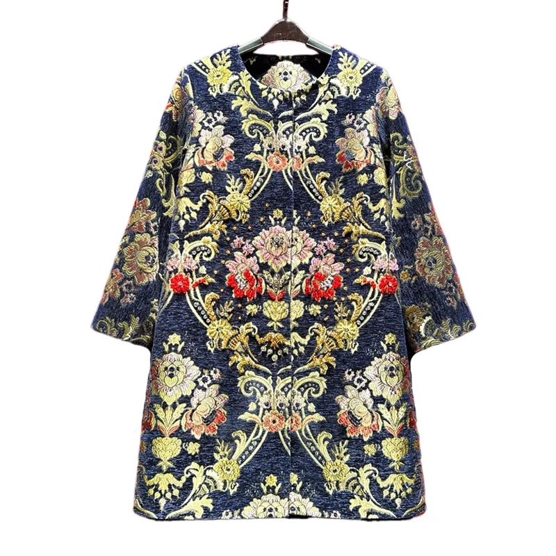 

2025 винтажная роскошная итальянская стильная роскошная темно-синяя куртка с вышивкой, женское длинное пальто с цветочным принтом и бисером, верхняя одежда с круглым вырезом, Тренч с рукавами 2/3