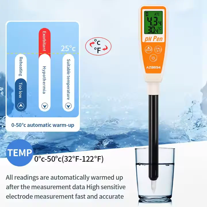 AZ8694 long rod pointed glass PH meter with temperature sensing function to measure pH into or inserted into semi-solid objects