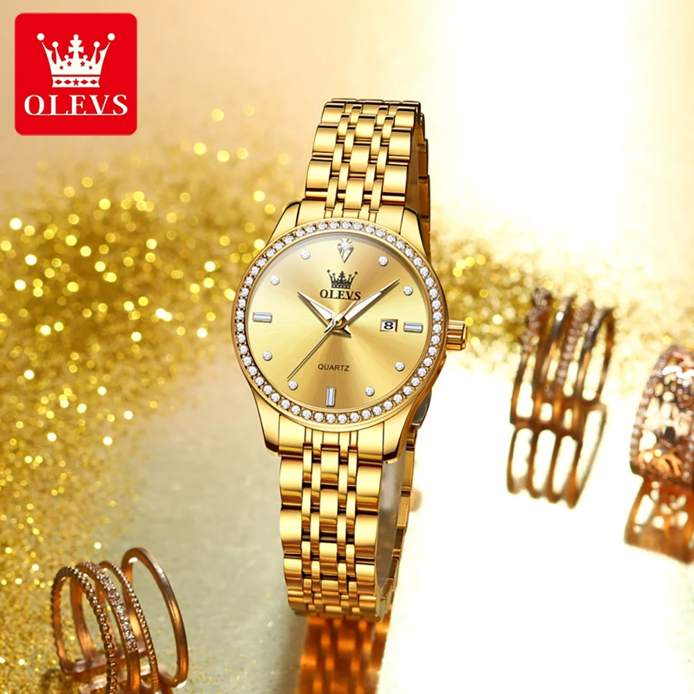 OLEVS Brand Fashion Diamond Stainless Steel Quartz Watch Women Waterproof Luminous Date Luxury Watches Womens Relogio Feminino