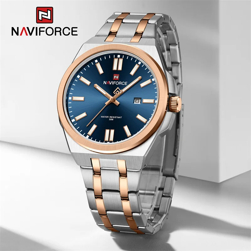 NAVIFORCE Mens Luxury Business Quartz Luminous Steel Band Waterproof Calendar Outdoor Daily Casual Male Wristwatch Gifts box