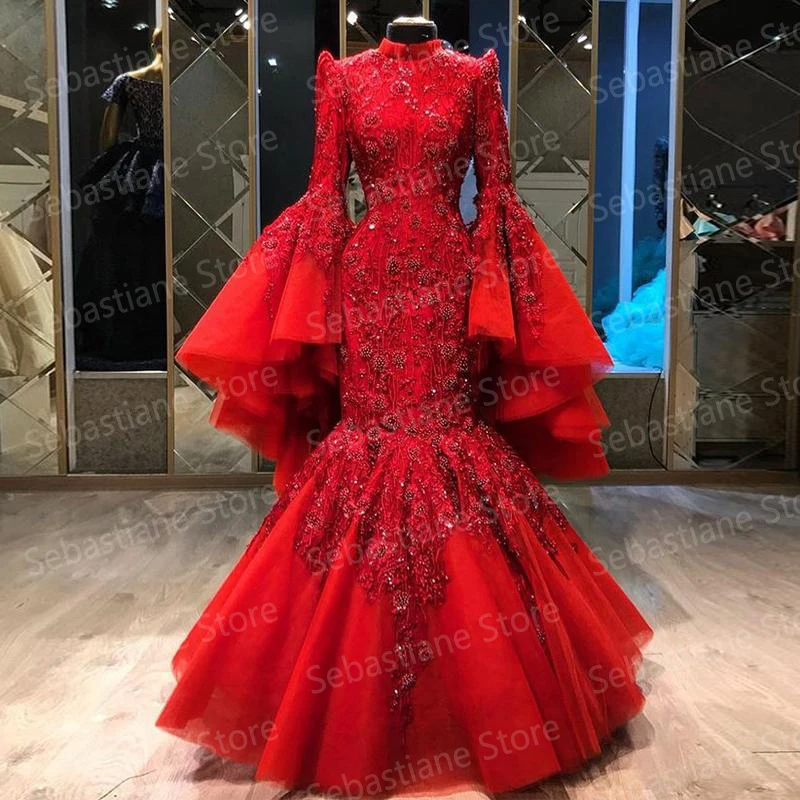 Luxury Red Mermaid Muslim Evening Dresses High Neck Asymmetrical Long Sleeve Beading Formal Evening Gowns Plus Size Prom Dress