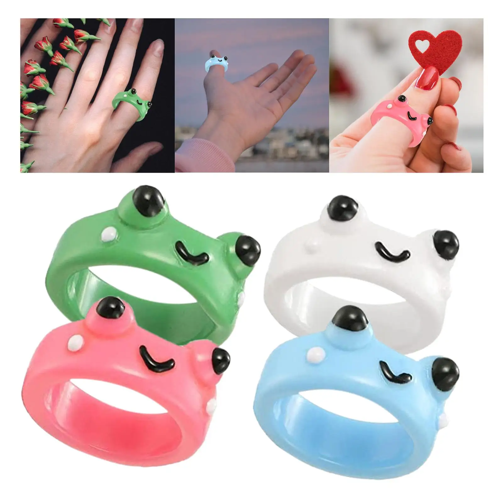 4x Frog Rings Set Gift Anime Plastic 7 Size Clay Resin Cute Funny Stacking