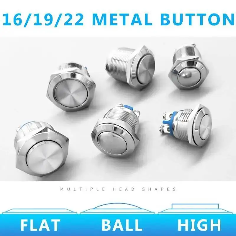 

16/19/22mm Waterproof IP65 Metal Push Button 1NO Self-locking Fix Reset Momentary High Flat Screw Welding Pin Car Engine Power