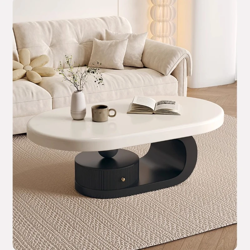 

French cream style coffee table living room household small apartment simple modern oval design black and white light luxury