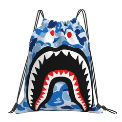 Shark Blue Camo Camouflage Backpacks Casual Drawstring Bags Drawstring Bundle Pocket Sports Bag BookBag For Travel School