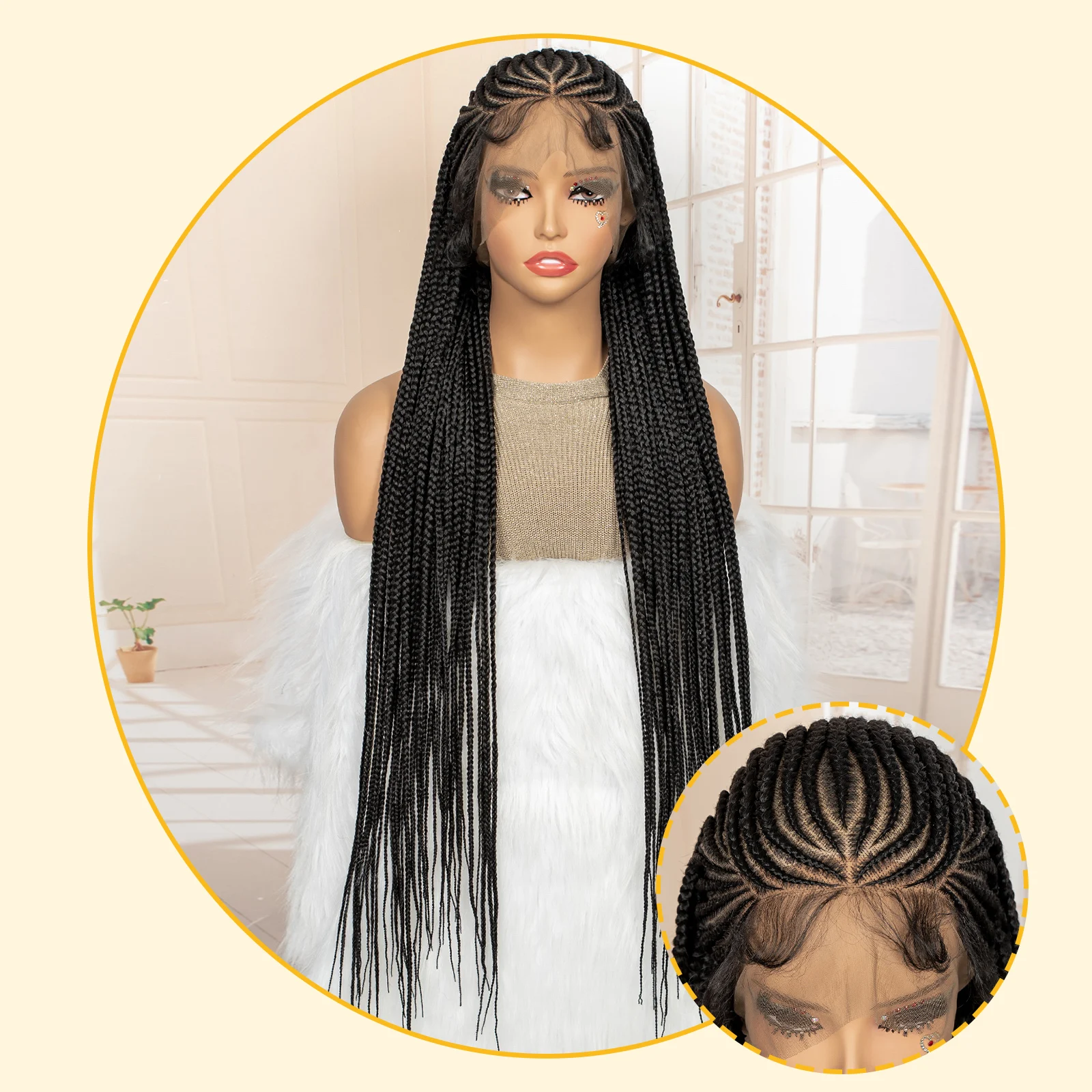 Handmade Synthetic African Braiding Hair Wigs 36 Inches Full Lace Wigs Cornrow Knotless Box Braided Wigs for Balck Women