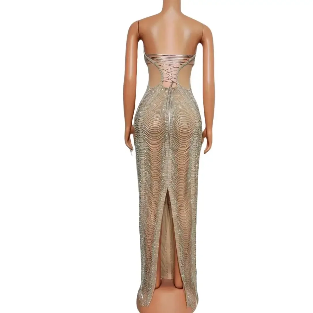 Vestido de cumpleaños con diamantes, sin mangas, ajustado, con hombros descubiertos, cadena de cristales, vestido largo hasta el suelo, vestido de fiesta elegante