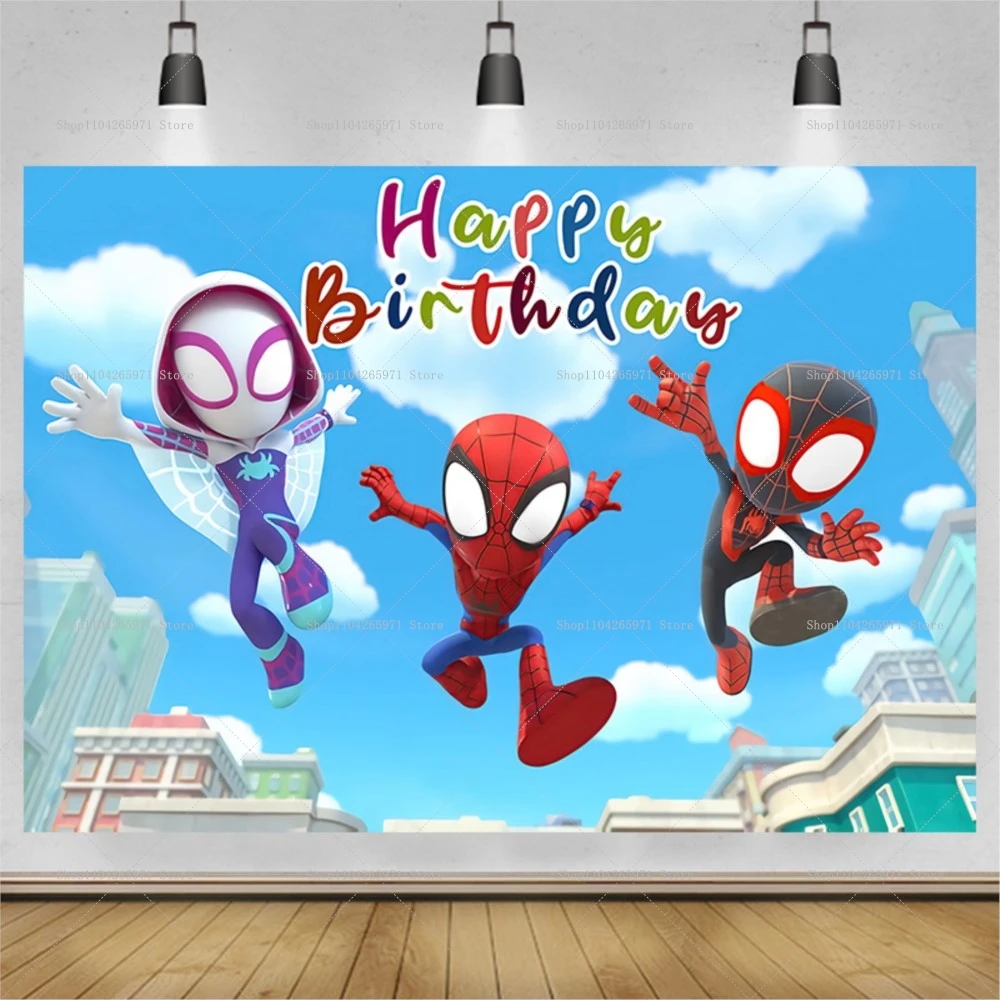 Disney Super Hero Photography Backdrop Kids Birthday Cartoon Photo Background Spidey and His Amazing Friends Photo Booth Props view 2