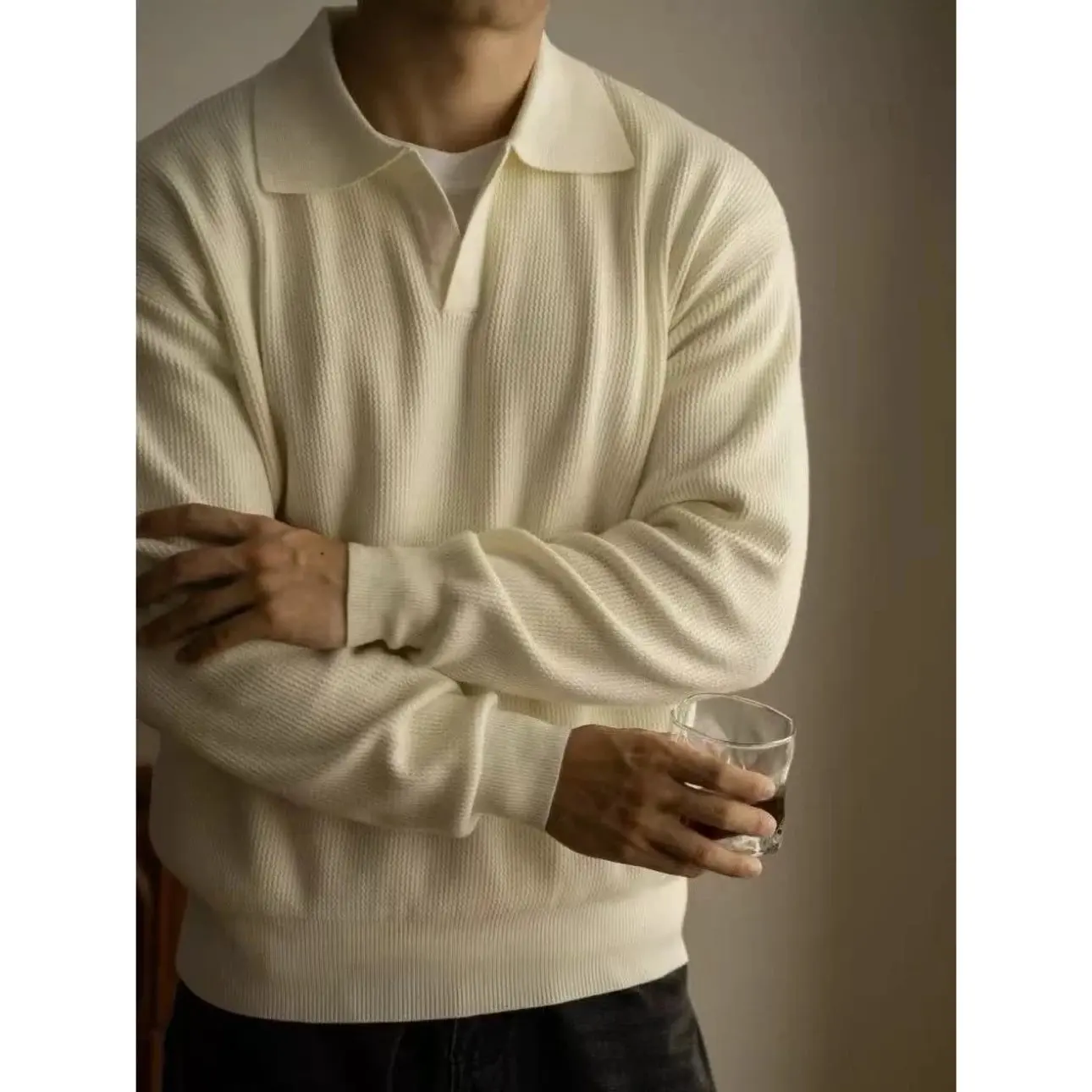 Elegant Casual High-Level Maturity Seagull Collar Shoulder Version Knitted Long Sleeve  Shirt for Young Men Breathable Co...