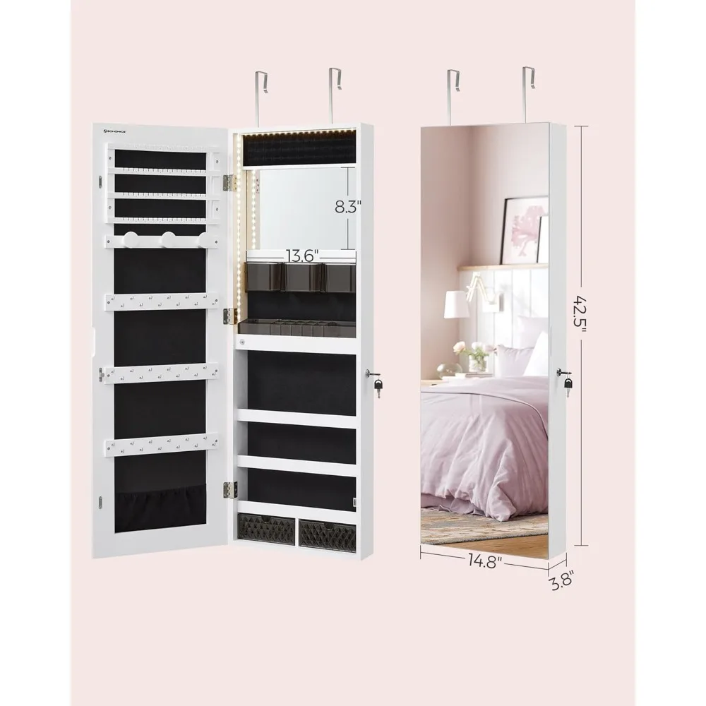 Mirror Jewelry Cabinet Armoire Organizer, Wall or Door Mount Storage Cabinet with Full-Length Frameless Lighted Mirror