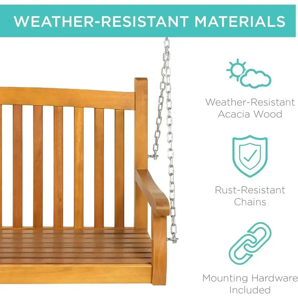 Brown 48 Curved Back Outdoor Wood Porch Swing with Hanging Chains for Patio, Deck, or Garden, Supports Up to 500lbs