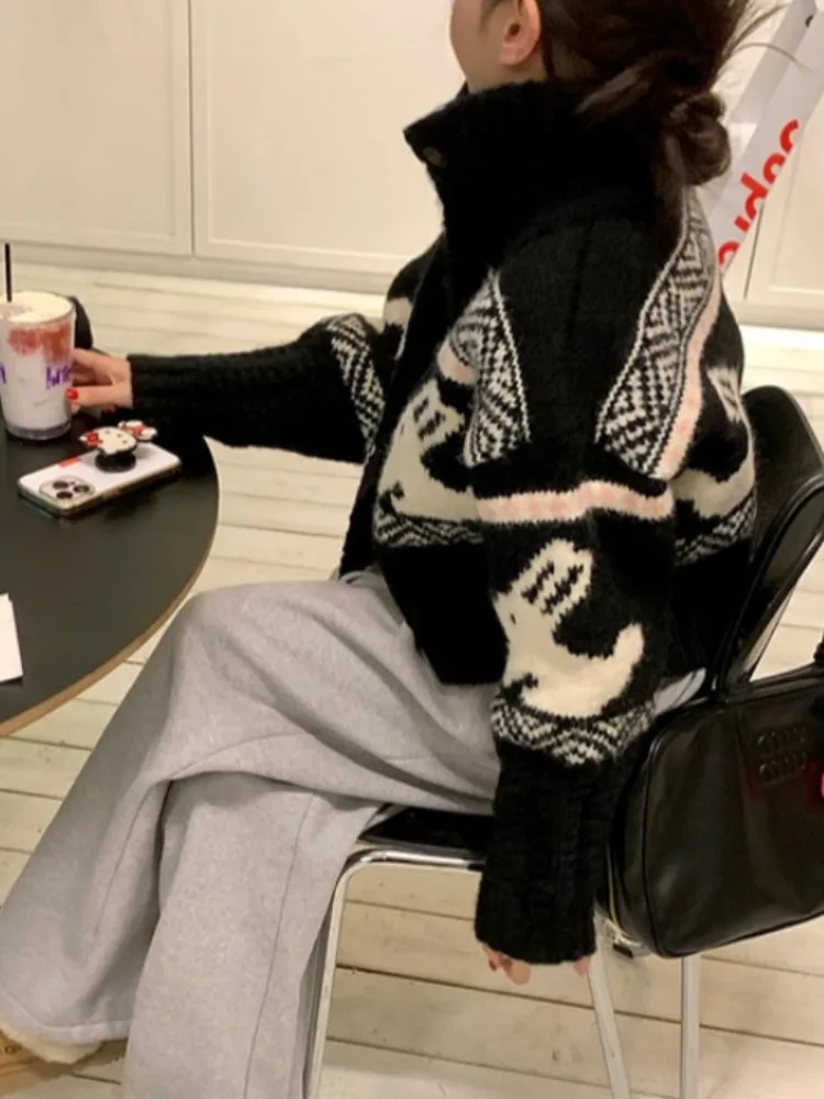 

Романтический вязаный свитер с вышивкой Cisas Month JL Little Rabbit Jaet с высоким воротником, свободный крой, длинный све, женская мода