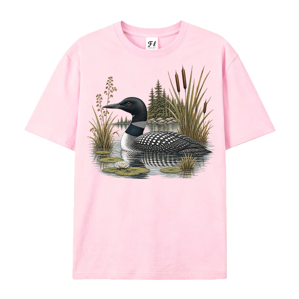 Women T Shirt Vintage Common Loon Bird Graphic Tee Casual Short Sleeve Lake Wildlife Nature Inspired Print Fashion Ladies Tops