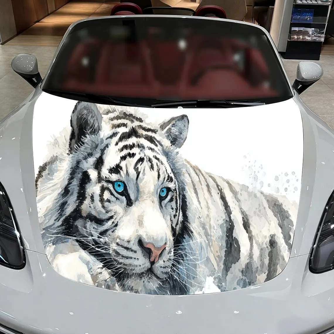 Car Decal White Tiger in Icy Blue Pattern Composition & Artistic, Immersive Visual Details Car Hood Sticker, Waterproof Self - A
