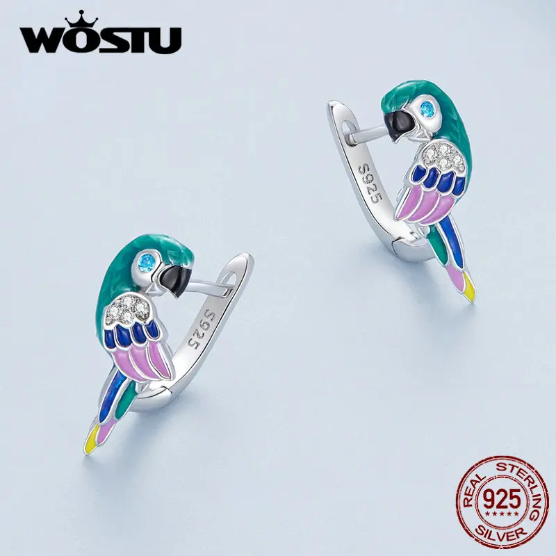 WOSTU 925 Sterling Silver Enamel Parrot Ear Clips 8mm Bird Ear Buckles Statement High Quality Fine Jewelry Wedding Party Gift