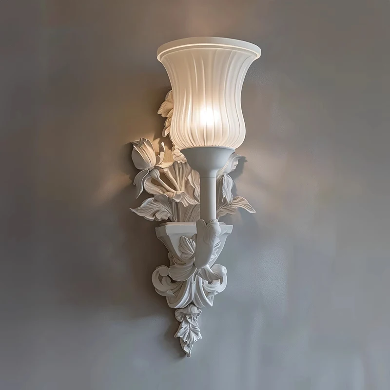 French bedroom wall lamp, living room entrance corridor background engraved art light, court high sense white flower wall sconce
