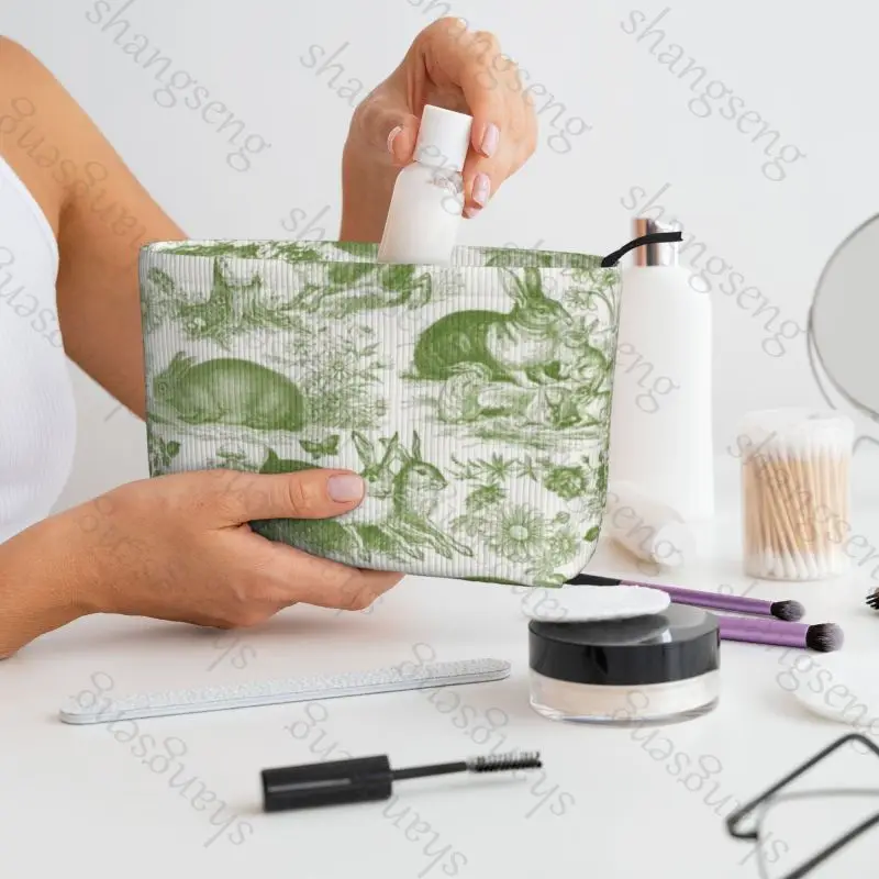 Vintage Blue Floral Rabbit Cosmetic bag toiletry storage bag ladies box, corduroy cosmetic bag, travel zipper storage bags