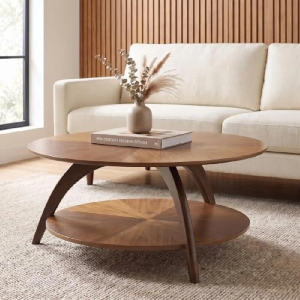 LAX Mid Century Wood Coffee Table, Nutmeg & Espresso | Retro Modern, Lower Shelf, Round Cocktail Table, For Living Room
