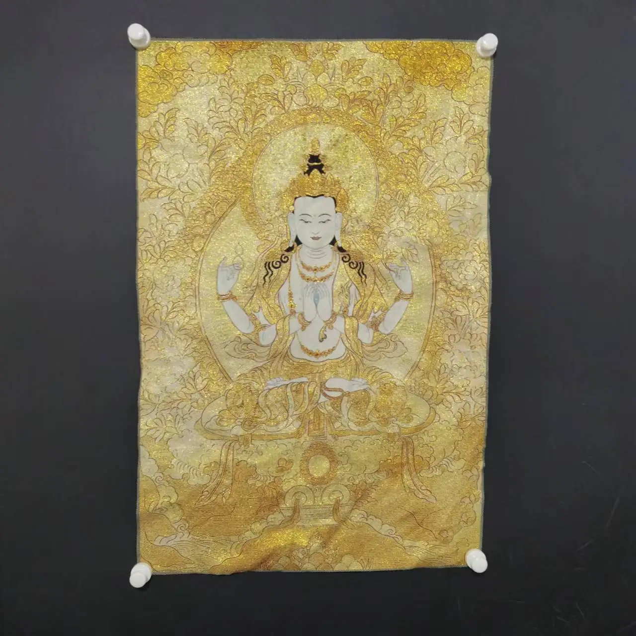 Four armed Guanyin statue Tangka embroidery Chinese home decoration hanging painting