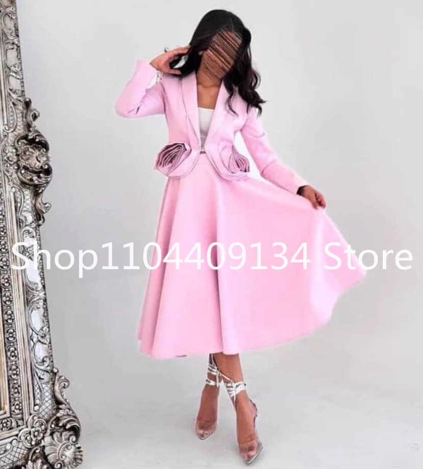 ピンク ティーレングス サウジ プロムドレス 長袖ブラウス 3D フローラル シャーリングスカート 中東 イブニングドレス ジャージー オーダーメイド カスタムサイズ