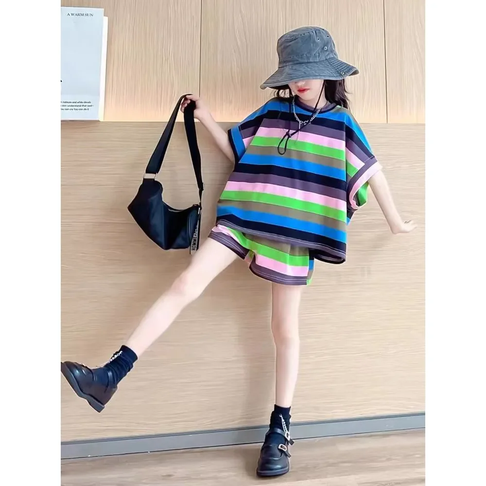 6580 Girls Summer New Fashion Striped 2pcs Quick-drying T-shirts+Short Pants Sportsuits 5-14 Years Kids Casual Streetwear Sets