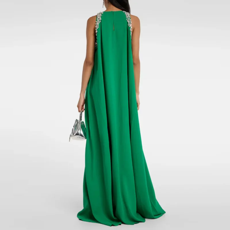 Maßgeschneidertes, schlichtes, mit Perlen besetztes A-Linien-Abendkleid aus Crêpe mit O-Ausschnitt und bodenlangem Abendkleid in A-Linie von Crêpe