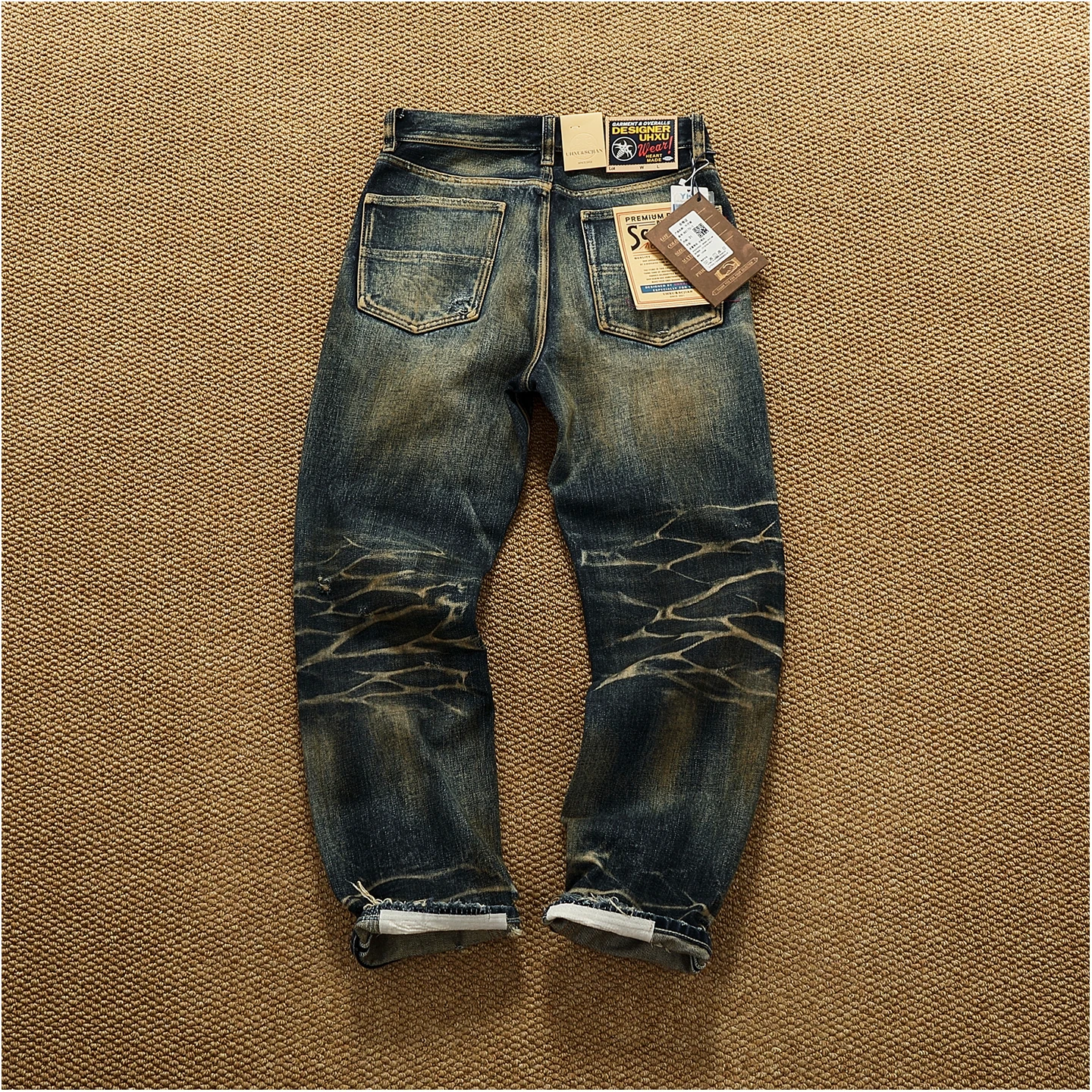 2025 Autumn New American Retro Heavyweight Ripped Denim Patch Men's Fashion 100% Cotton Washed Straight Tapered Casual Jeans