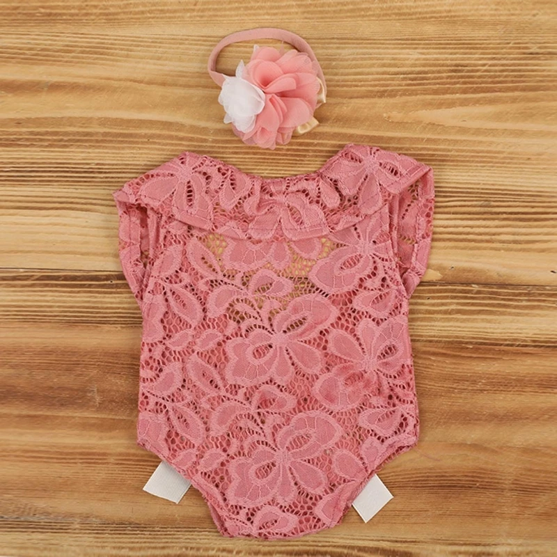 F1CB Baby Bow Lace Romper Headband Set Newborn Photography Props Bodysuit Jumpsuit with Flower Hair Band Infants Fotografie