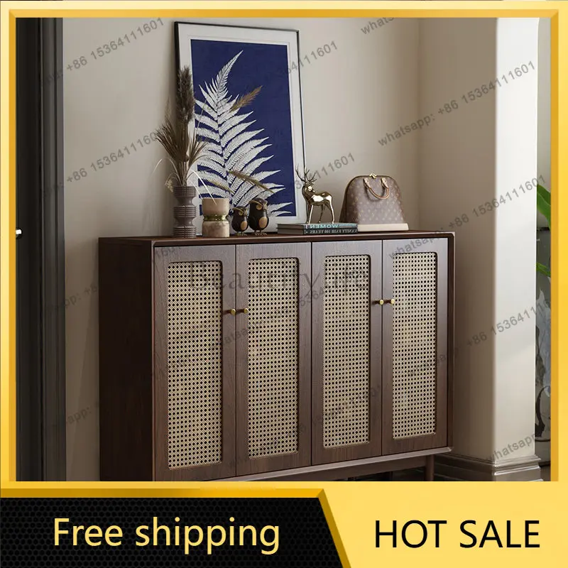 YJ Mid‑Century Solid Wood Rattan Shoe Cabinet Large Capacity Integrated Entryway Home Doorway Storage Cabinet Furniture
