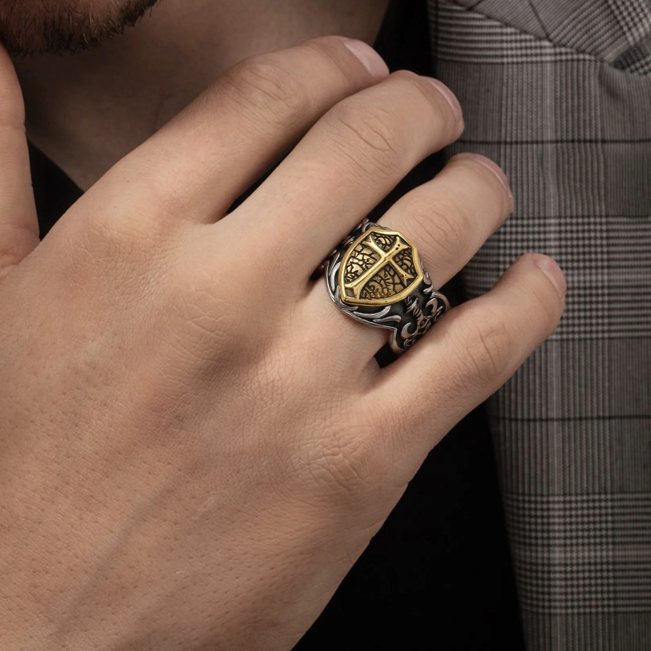 LNCHRAN Men 316L Stainless Steel Two-Tone Plated Cross Shield Signet Ring Medieval Gothic Jewelry Gift For Men - view 5