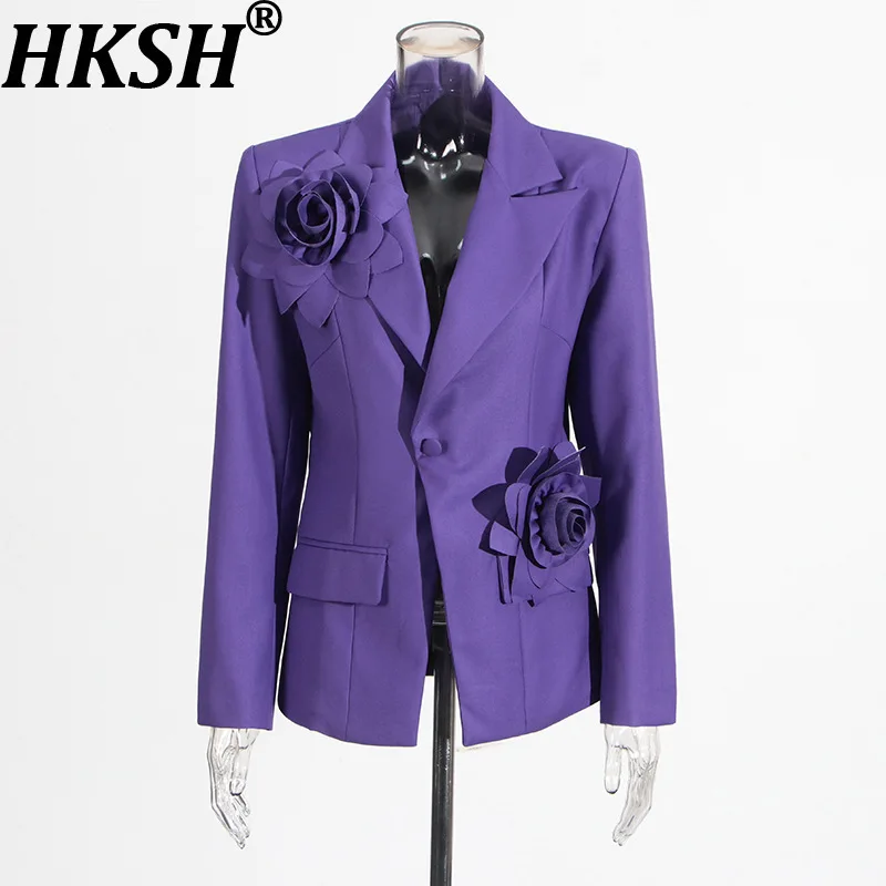 

HKSH Autumn New Women Chic Blazer Three-Dimensional Flower Decoration Single Button Solid Color Elegant High Street Coat HK11484