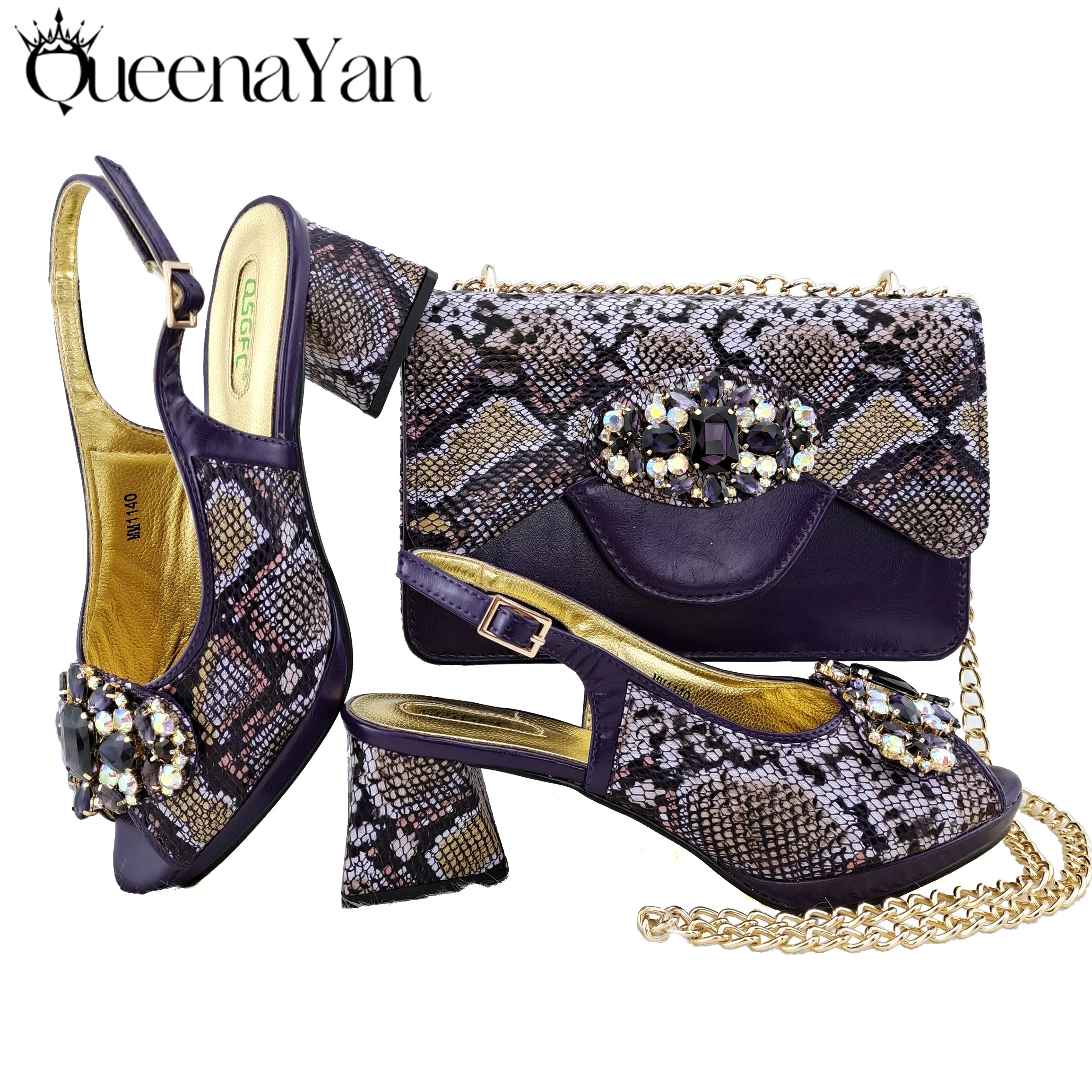 Newest D.Purple Color High Heels for Ladies Popular Design African Ladies Shoes and Bag Set INS Style Elegant  Shoes