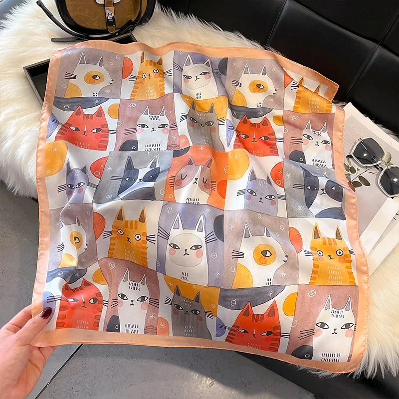 70cm Luxury Hijab Silk Shawl and Wrap Cute Cat Print Scarf for Women Neckerchief Hair Band Wrist Headband Bandana 2027 Echarpe view 5