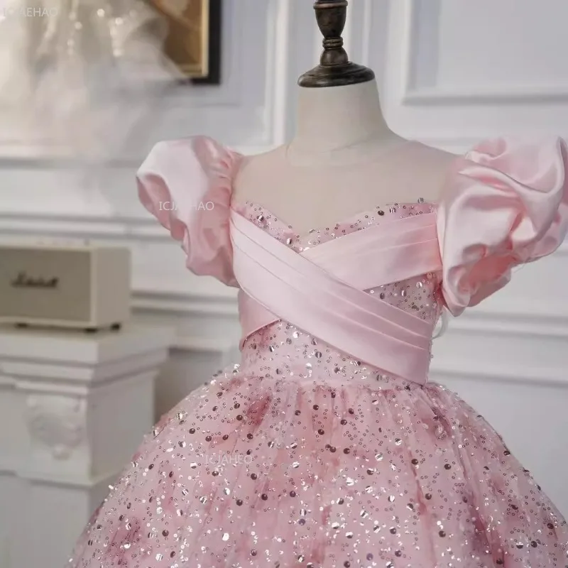 

Girls Bubble Sleeves Princess Dress for Birthday Party Host Performance Pageant Gown Evening Party Wedding Flower Girl Children
