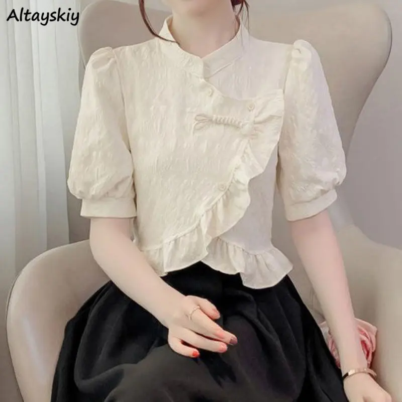 

Puff Sleeve Blouses Women New Chinese Style Button Design Ruffles Temperament Solid Sweet Fashion Princess Casual Summer Tender