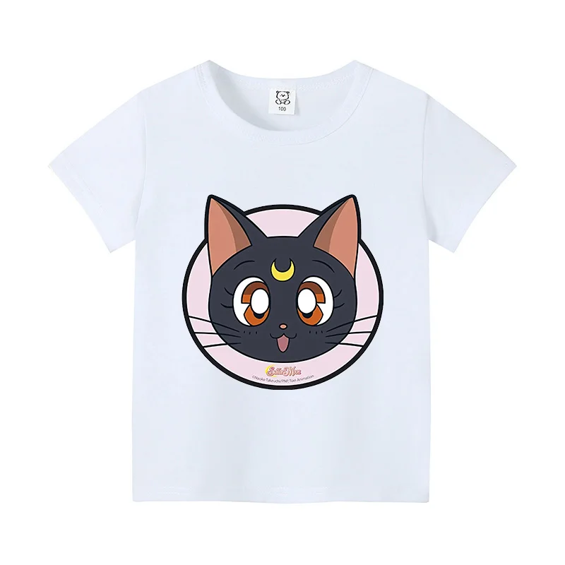 Sailor Moon Children T-shirt Cartoon Printed Short Sleeve Shirt Cute White Black Base Tee Tops Cotton Clothing Kid Birthday Gift