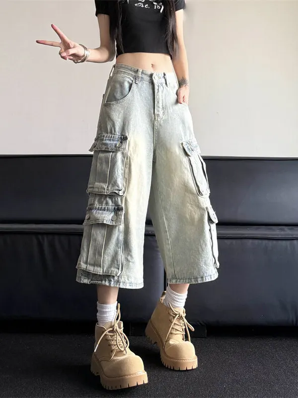 

adient Waed Workwear Seven-Foot Pants ex Multi-ket Ameika Sle Summer Straight Eight-Foot Trousers Casual Faion