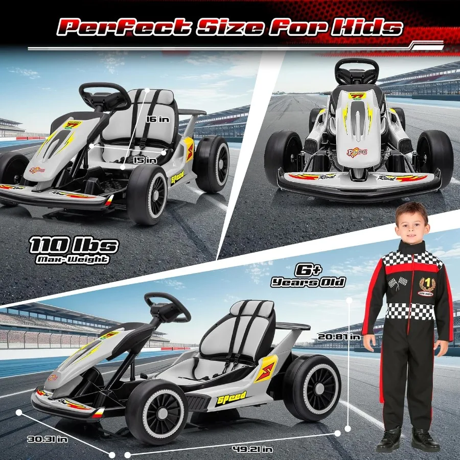 عربة الذهاب الكهربائية 24 فولت للأعمار من 6 إلى 12 عامًا مع إطارات EVA رمادي 400 وات أقصى سرعة 8.1 ميلا في الساعة موسيقى عالية/منخفضة السرعة USB ركوب خارجي سريع الانجراف